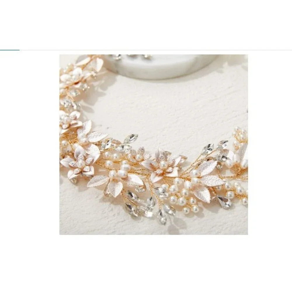 Handmade Rhinestone Wedding Flower Leaf  Pearl Bridal Headpieces Gold